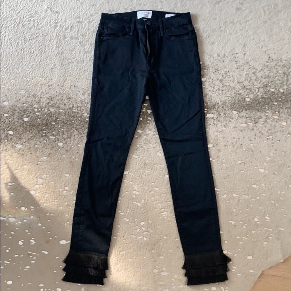 Frame blue/black fringe high waisted skinny jeans